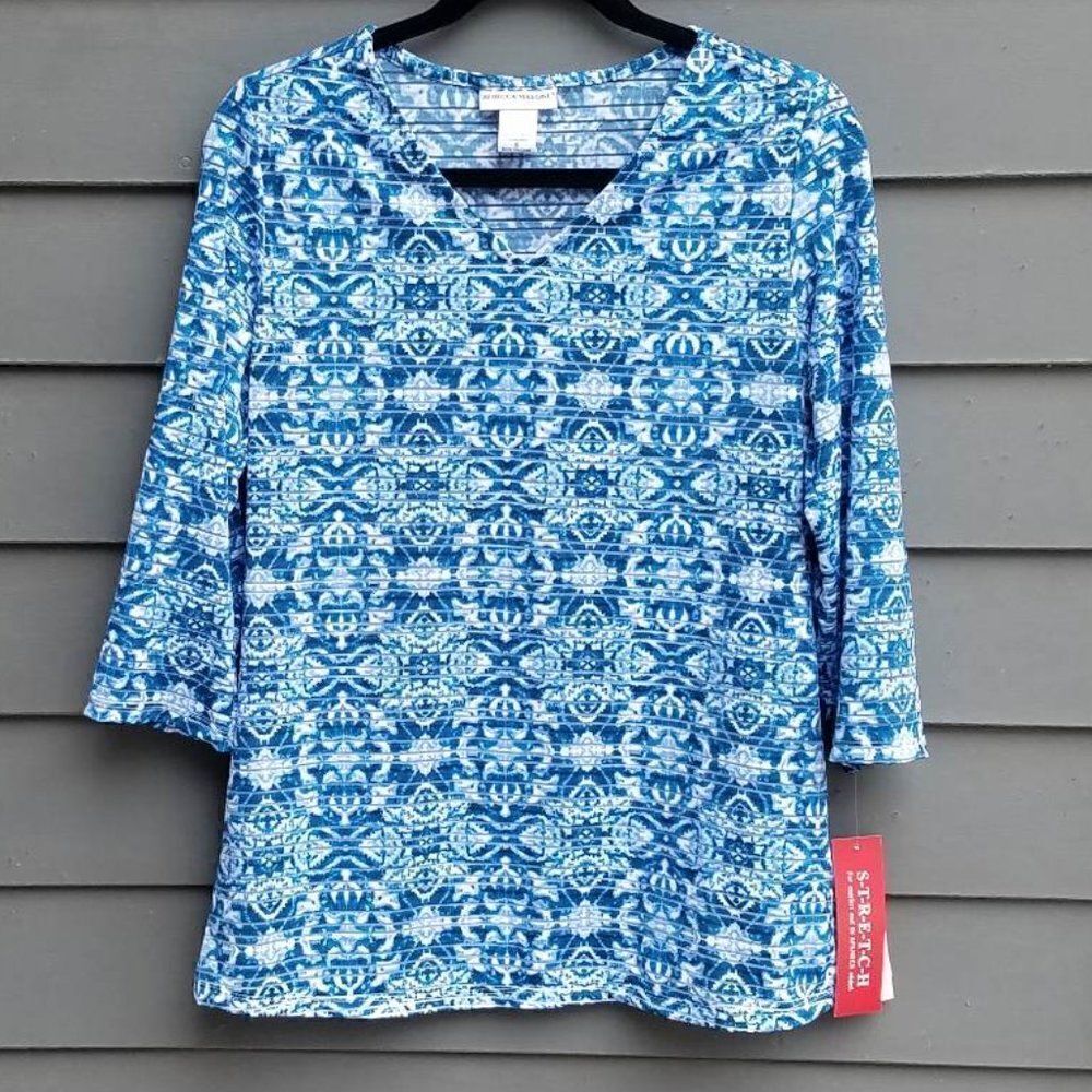 NWT Rebecca Malone Blue/White 3/4 Sleeve Top Size Small